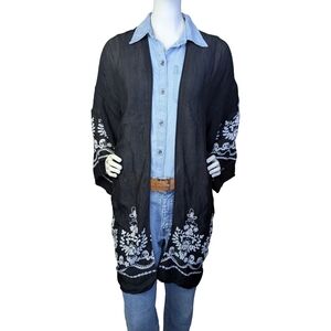 Sheer Black Embroidered Kimono Cardigan | Floral Stitch Detail | One Size